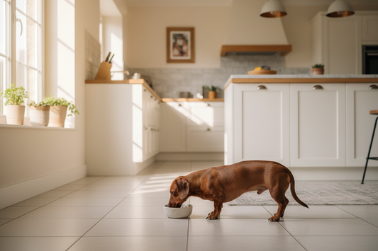 Teckel de profil mangeant dans sa gamelle dans une cuisine lumineuse