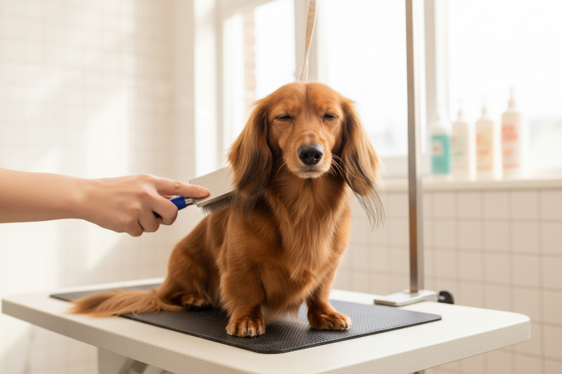 Teckel en plein toilettage brossage poil court soins griffes hygiène chien