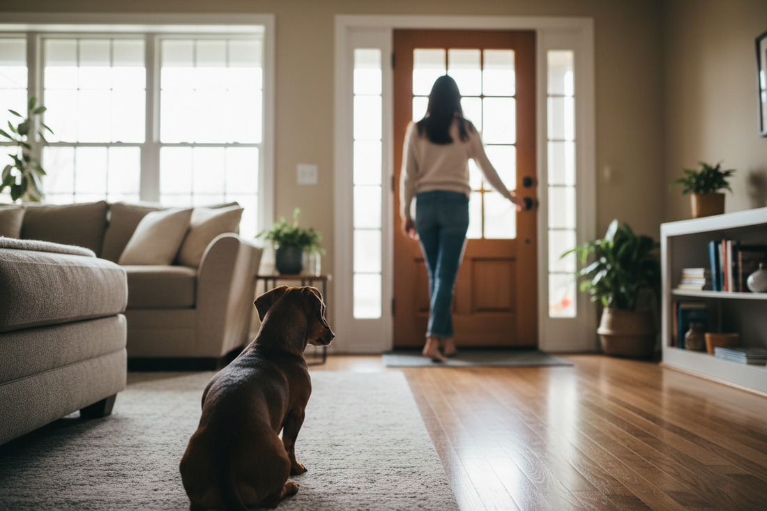 Teckel regardant sa maîtresse partir par la porte