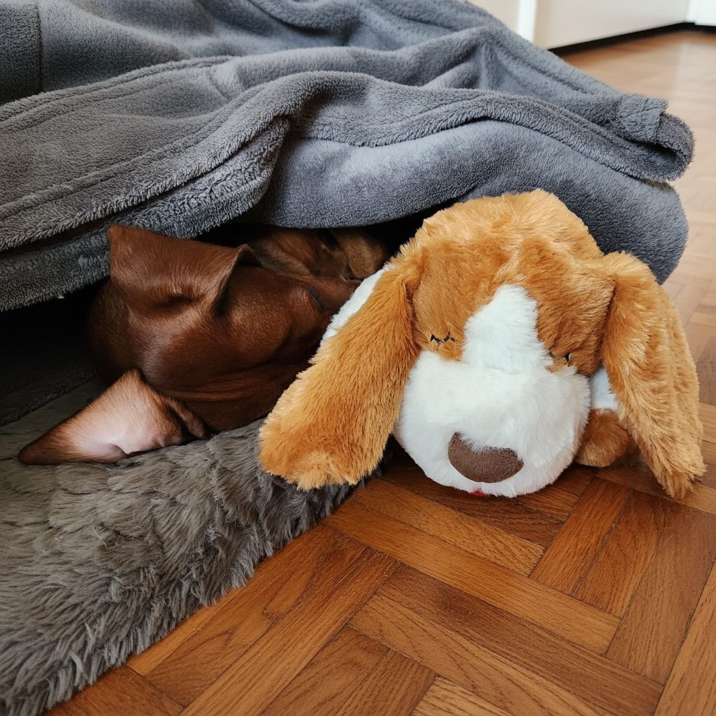 Teckel endormi sous sa couverture avec Peluche Réconfort à battement de cœur apaisant