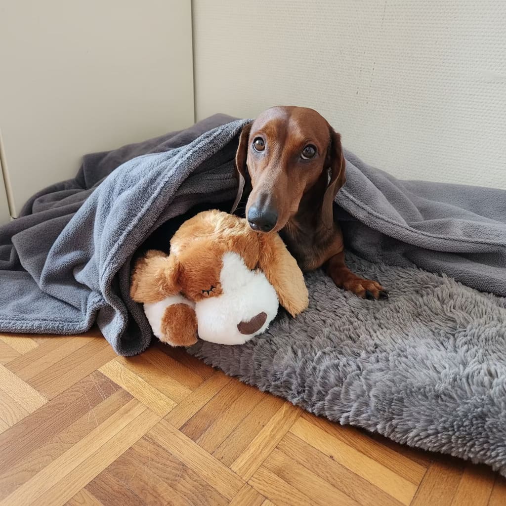Teckel caché sous une couverture grise, serrant une peluche chien battement de cœur sur tapis doux gris, image illustrant apaisement et sécurité pour chien anxieux